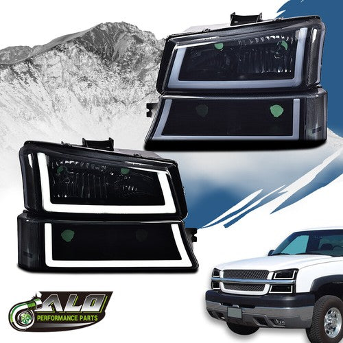 Solid Spare Fit For 2003-2007 Chevy Silverado Smoked Lens Black Housing LED DRL Headlights