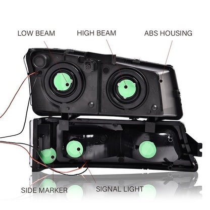 Solid Spare LED DRL Smoked Lens Black Housing Headlights Fit For 2003-2007 Chevy Silverado