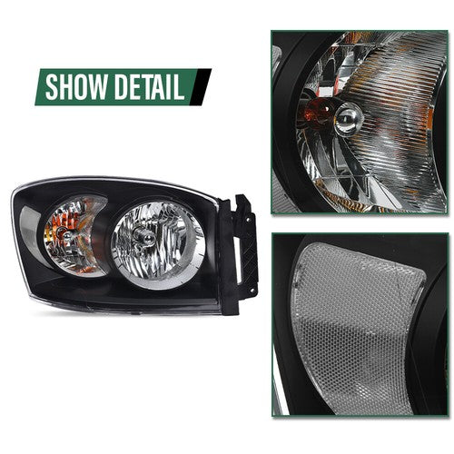 Solid Spare Fit For 06-09 Dodge Ram 1500 2500 3500 Headlights Headlamps Set Black/Clear