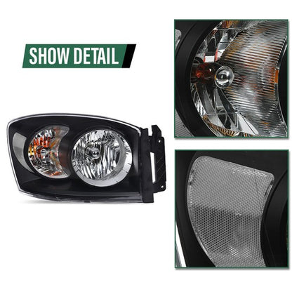 Solid Spare Fit For 06-09 Dodge Ram 1500 2500 3500 Headlights Headlamps Set Black/Clear