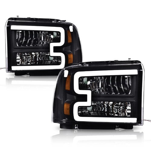 Solid Spare LED DRL Black Headlights Fit For 2005-2007 Ford F250 F350 F450 F550 Super Duty