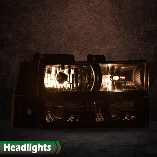 Solid Spare Fit For 1994-1998 GMC C10 C/K Sierra Clear Corner Black Headlights Bumper Lamps