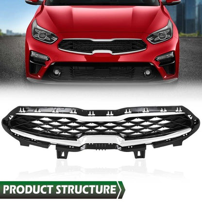 Solid Spare Fit For 2019 2020 Kia Forte Black Front Bumper Upper Grille Grill w/ Chrome Trim