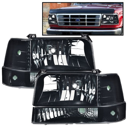 Solid Spare Smoke Lens Chrome Headlights Bumper Lamps Fit For 92-96 F150 F250 F350 Bronco