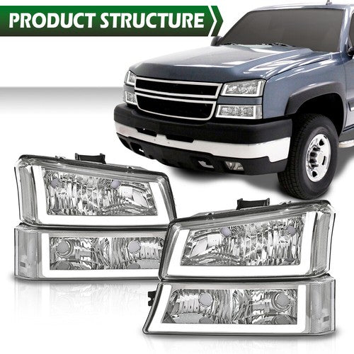 Solid Spare Clear/Chrome Headlights W/ LED DRL Fit For 2003-2006 Chevy Silverado/Avalanche