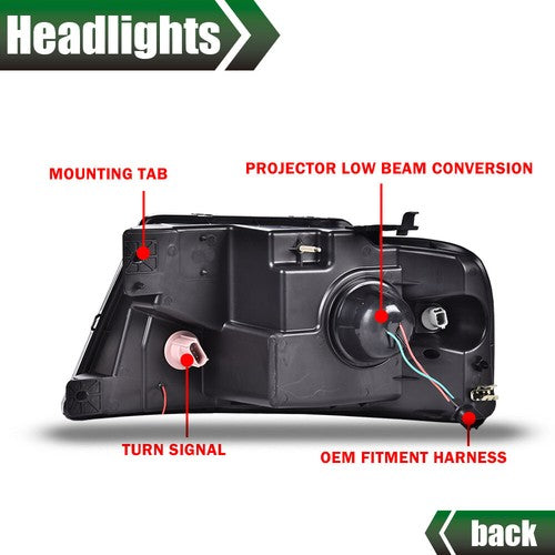 Solid Spare LED DRL Projector Headlights Black Fit For 2004-2008 Ford F-150/Lincoln Mark LT