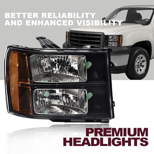 Solid Spare Fit For 07-13 GMC Sierra 1500 2500HD 3500HD Clear Lens Black Headlights