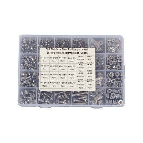 Solid Spare Phillips Pan Head Screw Assortment, 700 Pcs 4-40 #6-32 #8-32 #10-24 with Nuts