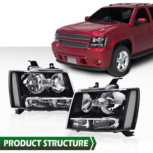 Solid Spare Fit For 07-14 Chevy Tahoe Suburban Avalanche Headlights Headlamps Clear/Black