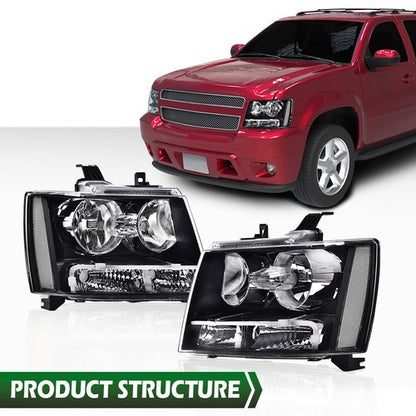 Solid Spare Fit For 07-14 Chevy Tahoe Suburban Avalanche Headlights Headlamps Clear/Black