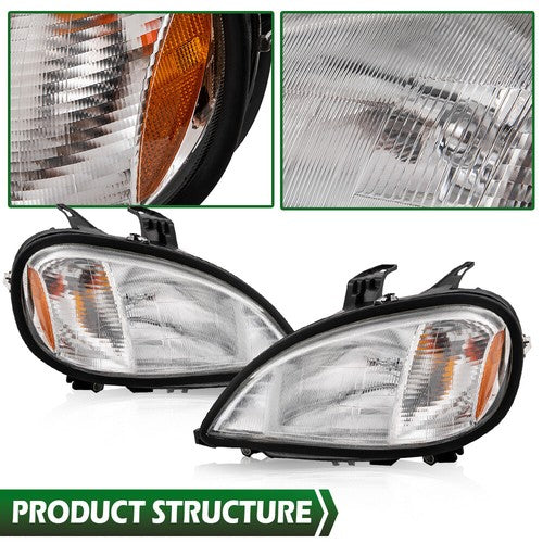 Solid Spare Fit For 96-04 Freightliner Columbia Driver & Passenger Side Headlights Headlamps