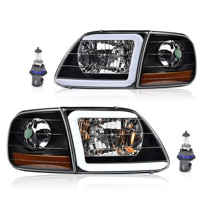 Solid Spare Fit For 97-04 F-150 Expedition LED DRL Headlights & Corner Lights Black/Clear