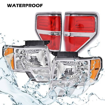 Solid Spare Fit For 2009-2014 Ford F150 Pickup Chrome Headlights+Tail Lights Brake Lamps