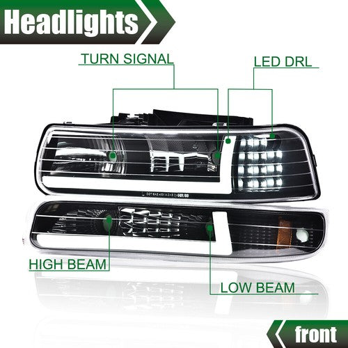 Solid Spare [LED DRL]Fit For 99-02 Chevy Silverado 1500 2500 HD Headlight+Bumper Lamps Black