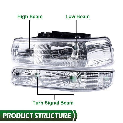 Solid Spare Fit For 99-02 Silverado/00-06 Suburban Chrome Clear Headlights + Fog Lights