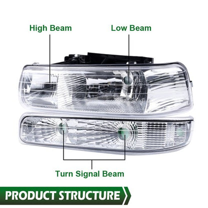 Solid Spare Fit For 99-02 Silverado/00-06 Suburban Chrome Clear Headlights + Fog Lights