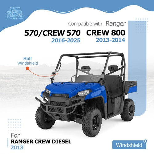Solid Spare Front Half Windshield Clear For 2017-2025 Polaris Ranger 570 Full Size Crew