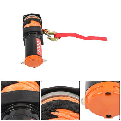 Solid Spare Electric Winch Black+Orange 2000lbs 12VDC/1.1HP Motor 0.18in*50ft Synthetic Rope