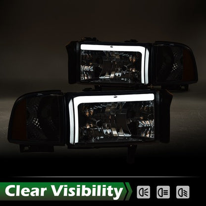 Solid Spare Fit For 1994-2002 Dodge Ram 1500 2500 3500 Smoke/Amber LED Tube Headlights