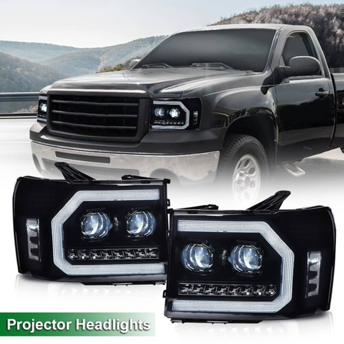 Solid Spare Fit For 07-14 GMC Sierra 1500 2500 3500 Smoke Lens Dual LED Projector Headlights