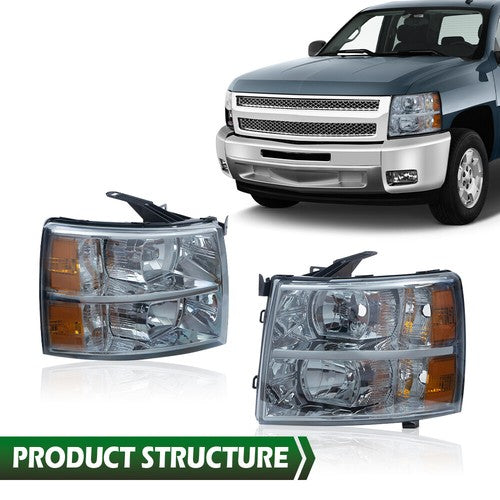 Solid Spare Smoke Lens Chrome Headlights Fit For 2007-2014 Chevy Silverado 1500 2500 3500