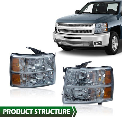 Solid Spare Smoke Lens Chrome Headlights Fit For 2007-2014 Chevy Silverado 1500 2500 3500