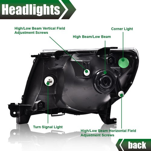 Solid Spare Fit For 2005-2011 Toyota Tacoma Amber/Black Headlights Headlamps Left & Right