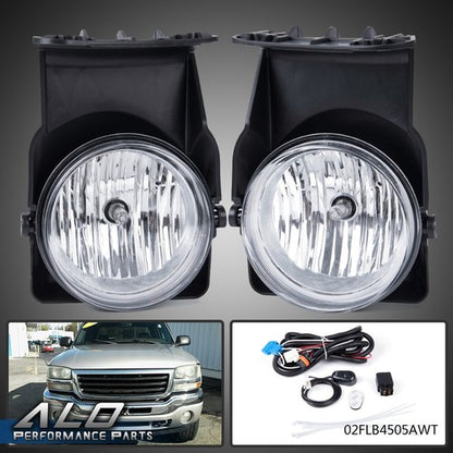 Solid Spare Fit For 03-06 GMC Sierra 1500 2500 3500 Clear Lens Fog Lights+Wiring+Switch Kit