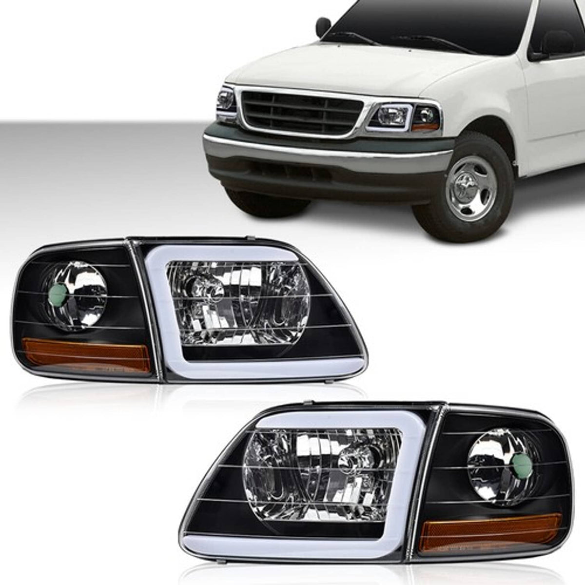Solid Spare Fit For 97-04 F-150 Expedition LED DRL Headlights & Corner Lights Black/Clear
