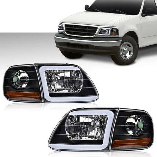 Solid Spare Fit For 97-04 F-150 Expedition LED DRL Headlights & Corner Lights Black/Clear