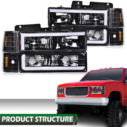 Solid Spare Fit For 94-00 Chevy GMC C/K Suburban LED Tube DRL Headlights Headlamps Black