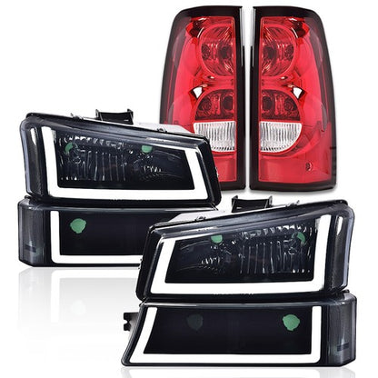 Solid Spare Fit For 03-06 Chevy Silverado 1500 Smoke LED Tube Headlights+Red Tail Lights