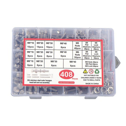 Solid Spare M5 M6 M8 Bolts and Nuts Flat & Lock Washers Combination Kit 408 Pack