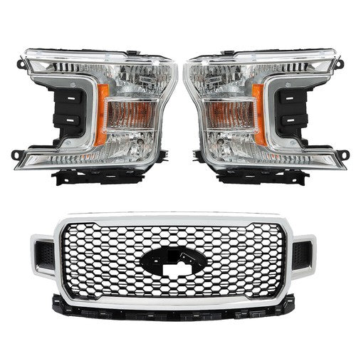 Solid Spare Left+Right Headlight & Front Upper Grille Grill Fit For 2018 2019 2020 Ford F150