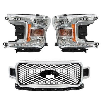 Solid Spare Left+Right Headlight & Front Upper Grille Grill Fit For 2018 2019 2020 Ford F150