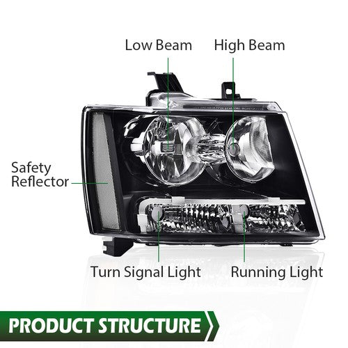 Solid Spare Fit For 07-14 Chevy Tahoe Suburban Avalanche Headlights Headlamps Clear/Black