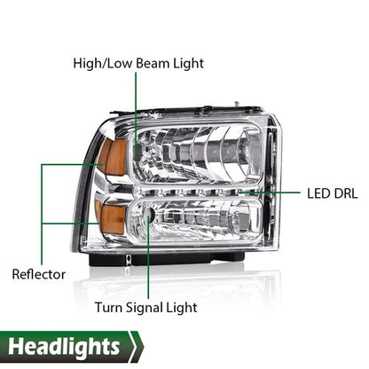 Solid Spare Fit For 05-07 Ford F250 F350 F450 F550 Super Duty LED DRL Headlights Chrome