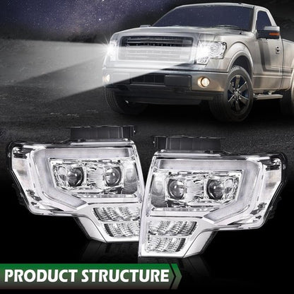 Solid Spare Fit For 09-14 Ford F-150 Dual LED Projector Chrome Headlights Left+Right