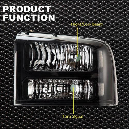 Solid Spare FOR 05-07 FORD F250 F350 SUPER DUTY BLACK HOUSING CLEAR CORNER HEADLIGHT LAMPS