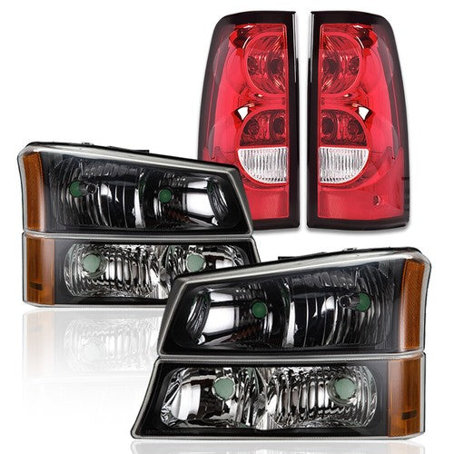 Solid Spare Fit For 03-06 Chevy Silverado Amber Corner Black Headlights+Red Tail Lights