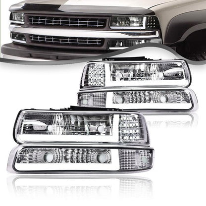 Solid Spare Fit For 99-06 Silverado Suburban Tahoe LED DRL Chrome Headlights+Fog Lights