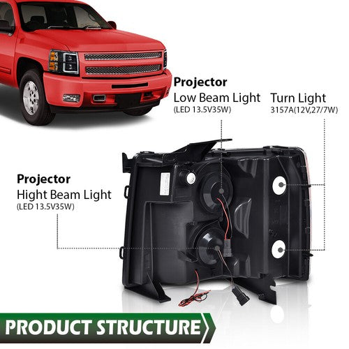 Solid Spare LED DRL Projector Headlights Black Fit For 07-13 Chevy Silverado 1500/2500/3500