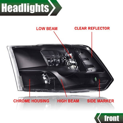 Solid Spare Fit For 09-18 Ram 1500 2500 3500 Black Housing Clear Corner Headlights Headlamps