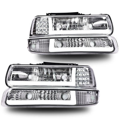 Solid Spare LED DRL Chrome Headlights+bumper Lamps Fit For 99-02 Chevy Silverado 00-06 Tahoe