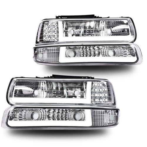 Solid Spare LED DRL Chrome Headlights+bumper Lamps Fit For 99-02 Chevy Silverado 00-06 Tahoe