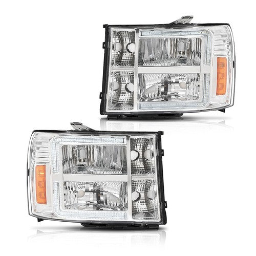 Solid Spare Clear/Chrome LED DRL Headlights Fit For 2007-2013 GMC Sierra 1500 2500 3500HD
