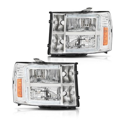 Solid Spare Clear/Chrome LED DRL Headlights Fit For 2007-2013 GMC Sierra 1500 2500 3500HD