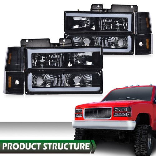 Solid Spare LED DRL Headlights+Bumper Corner Lamps Black Fit For 94-00 Chevy GMC C/K Pickup