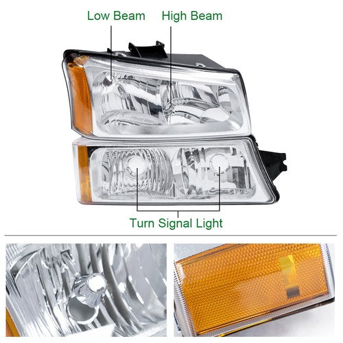 Solid Spare Amber/Chrome Headlights+Fog Lights Fit For 2003-2007 Chevy Silverado Avalanche