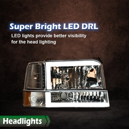 Solid Spare Clear Chrome LED DRL Headlights Bumper Lamps Fit For 92-96 Ford F-150 Bronco